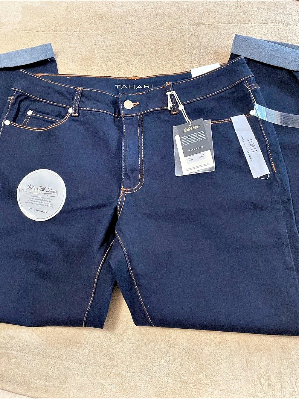 Tahari Seta-Silk Denim Jamie Mid-Rise Skinny Roll Cuff Skinny Jeans in Blue Size